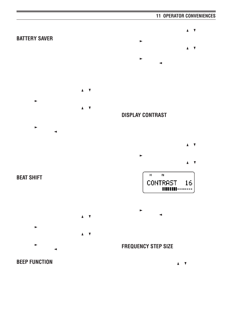 Battery saver, Beat shift, Beep function | Display contrast, Frequency step size, 11 operator conveniences | Kenwood TH-F7E User Manual | Page 42 / 64