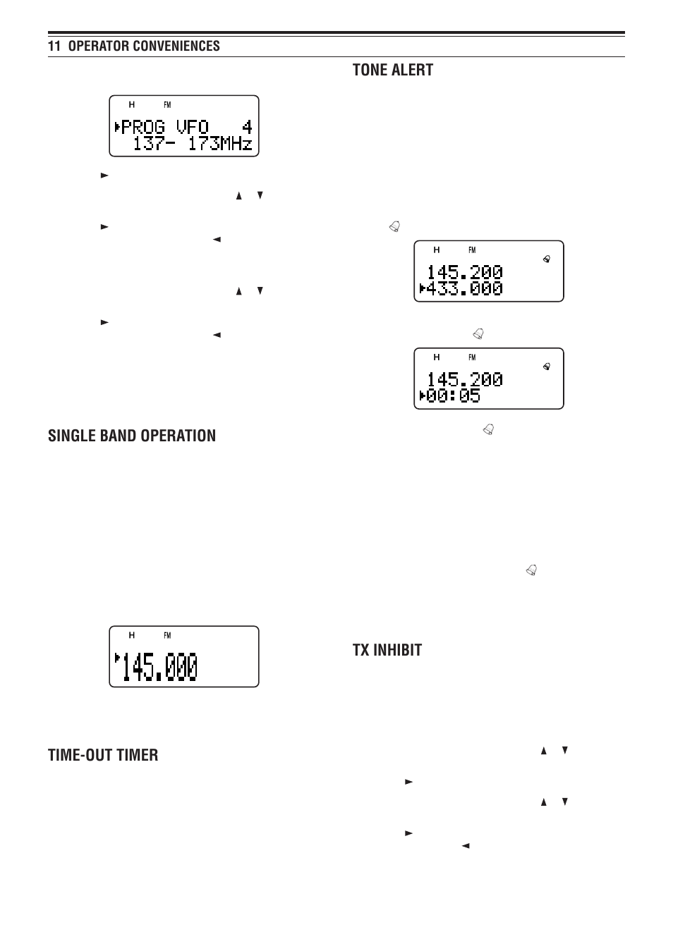 Single band operation, Time-out timer, Tone alert | Tx inhibit, 11 operator conveniences | Kenwood TH-F7E User Manual | Page 45 / 64