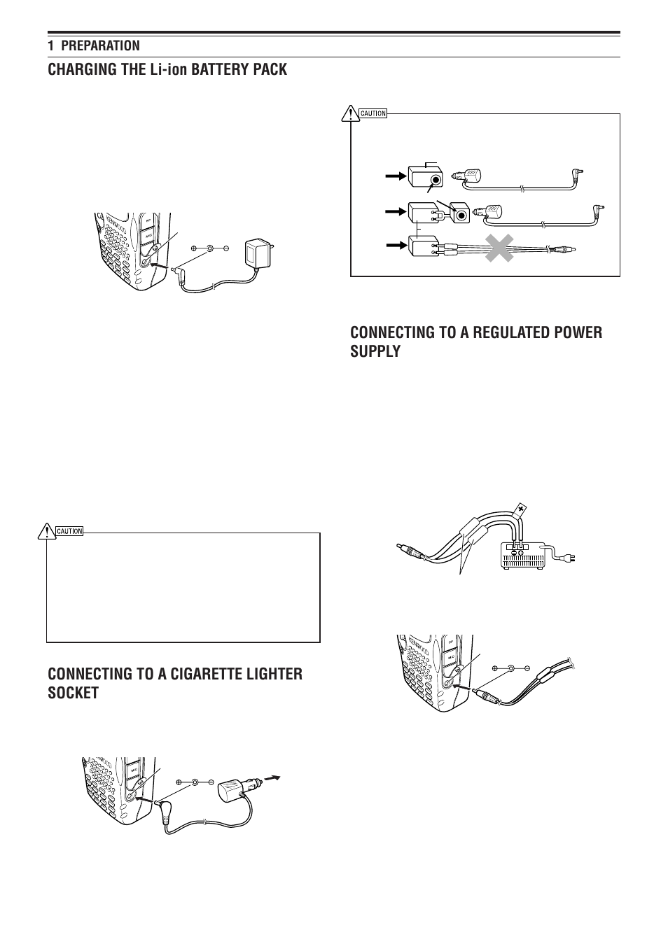 Charging the li-ion battery pack, Connecting to a cigarette lighter socket, Connecting to a regulated power supply | 1 preparation | Kenwood TH-F7E User Manual | Page 7 / 64