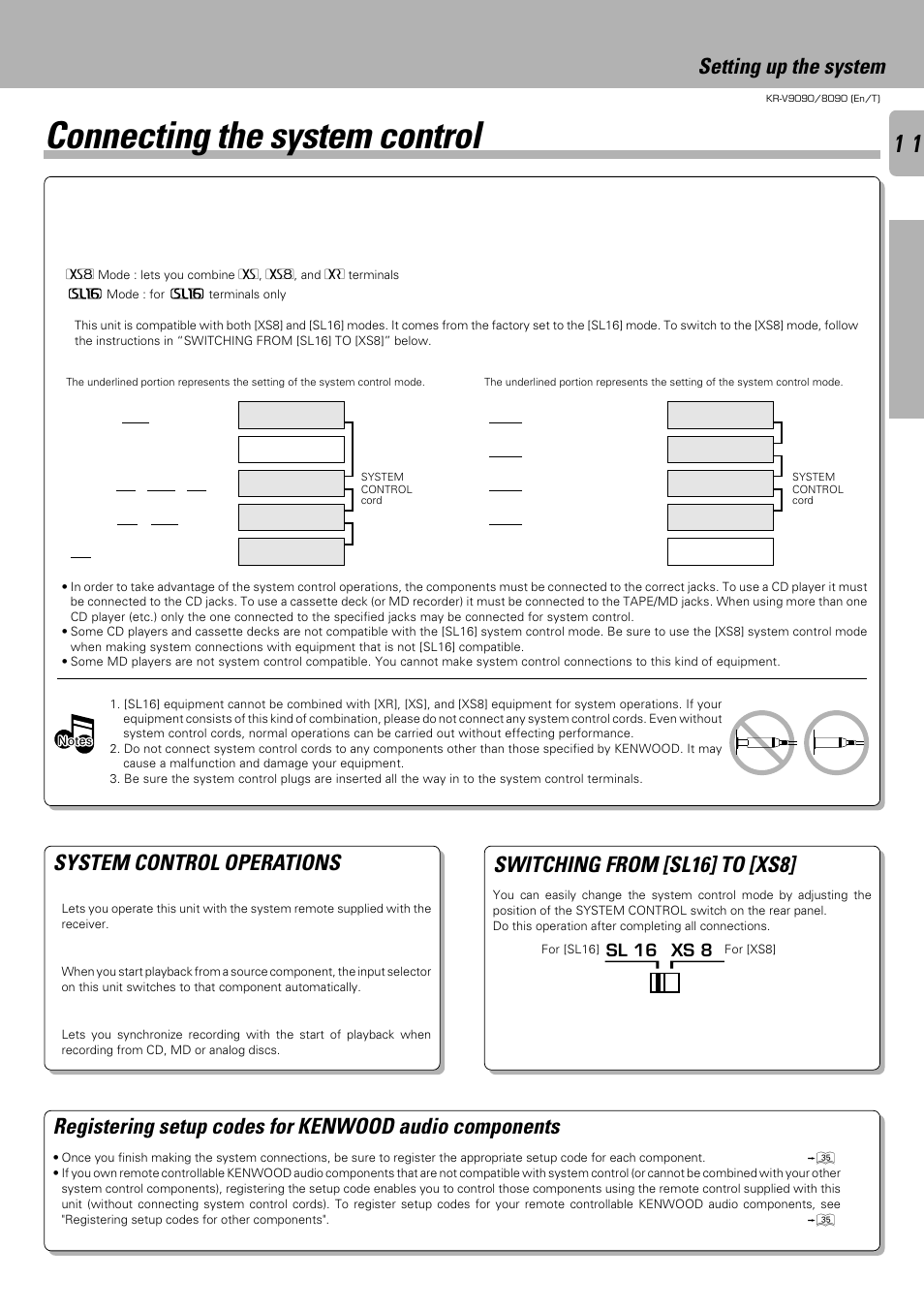Connecting the system control, System control operations, Switching from [sl16] to [xs8 | Setting up the system | Kenwood KR-V9090 User Manual | Page 11 / 60