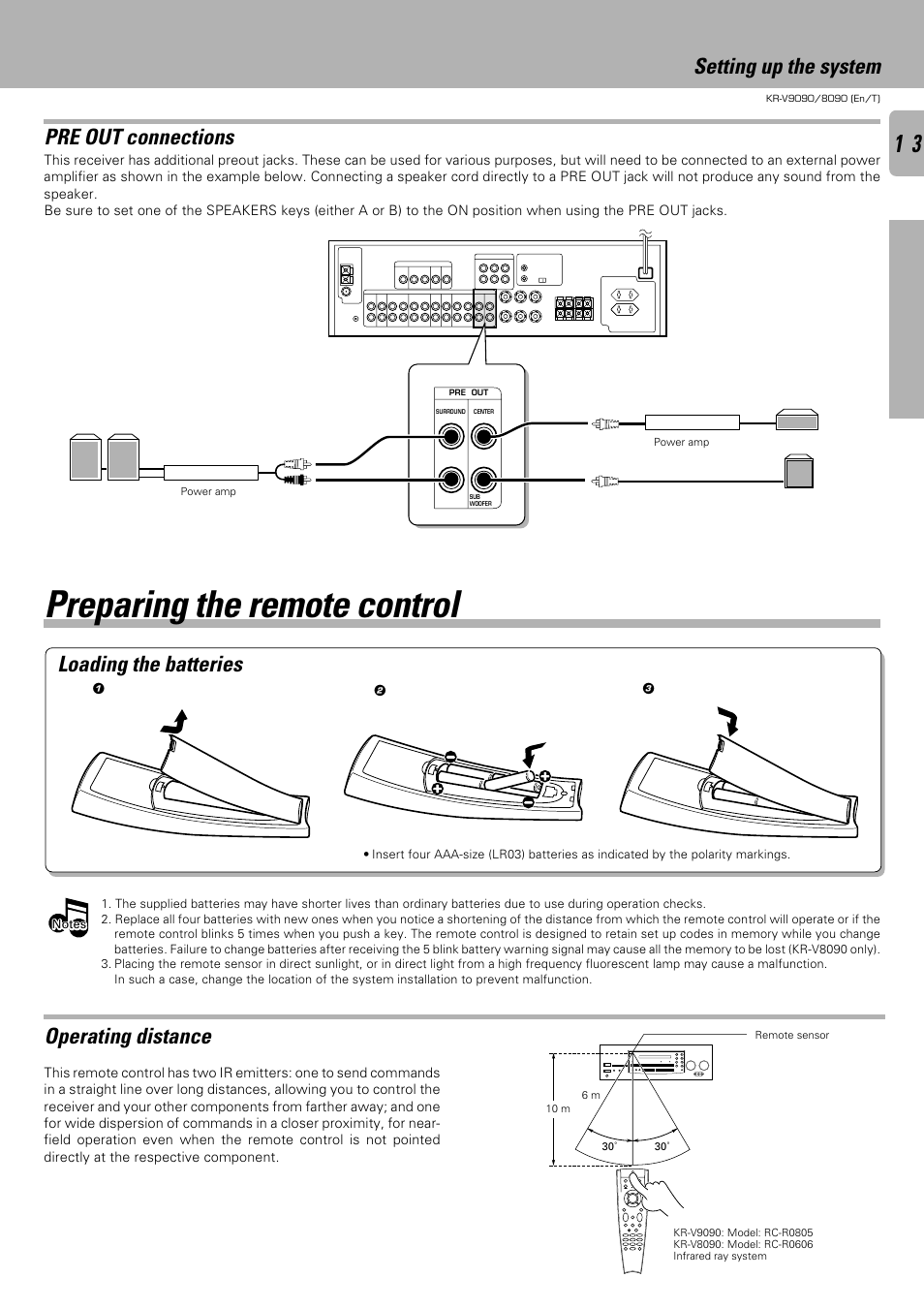 Preparing the remote control, Setting up the system loading the batteries, Operating distance | Pre out connections | Kenwood KR-V9090 User Manual | Page 13 / 60