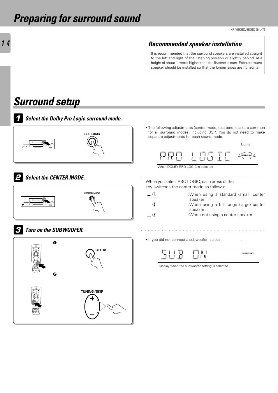 Lo r p og ic, Ob u s n, Preparing for surround sound surround setup | Kenwood KR-V9090 User Manual | Page 14 / 60