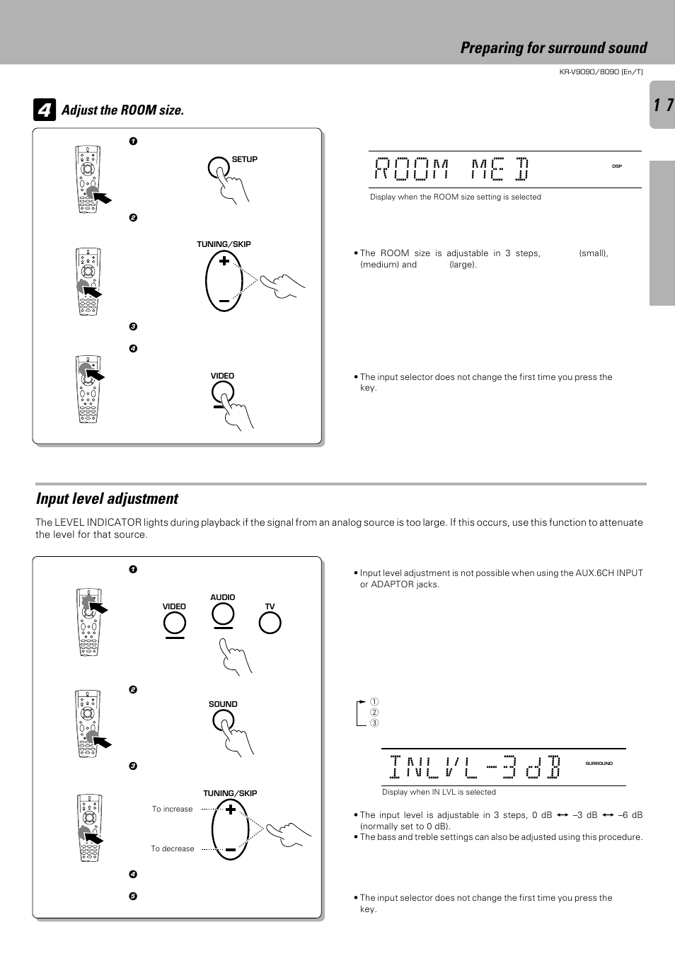 Mo o r me d, Preparing for surround sound, Input level adjustment | Kenwood KR-V9090 User Manual | Page 17 / 60