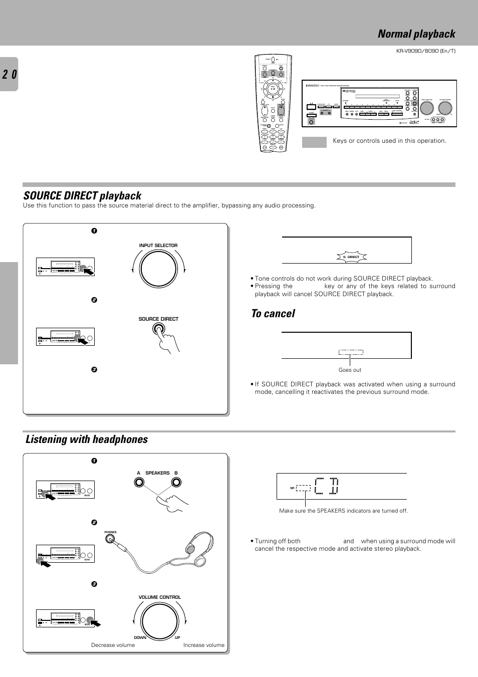 Source direct playback, Listening with headphones, Normal playback | Operations, Press again, Keys or controls used in this operation, Decrease volume increase volume, Make sure the speakers indicators are turned off, Goes out, Source direct | Kenwood KR-V9090 User Manual | Page 20 / 60