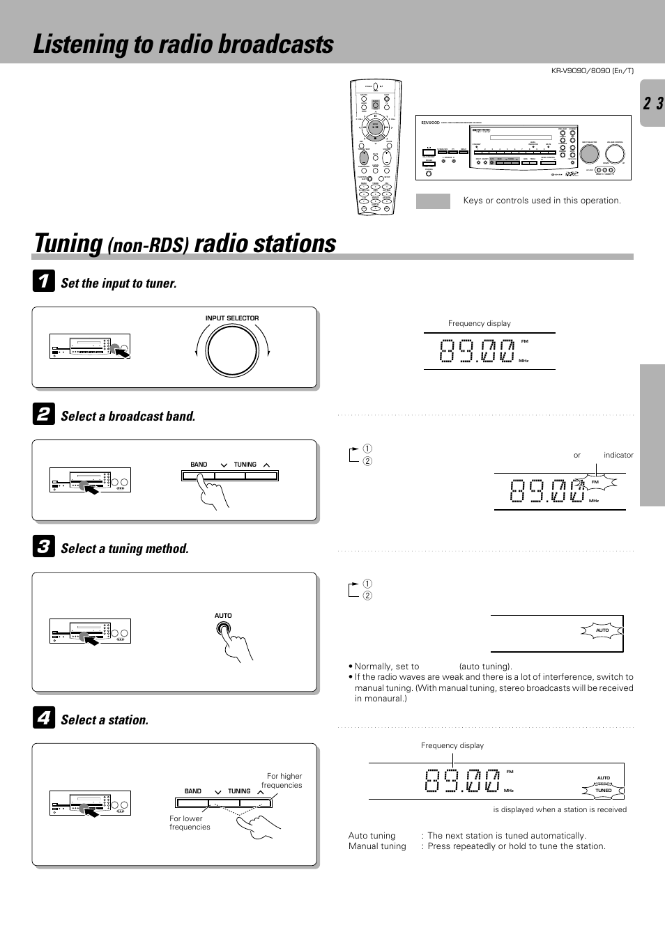 Listening to radio broadcasts, Tuning, Radio stations | Non-rds), Operations, Each press switches the tuning method as follows, Keys or controls used in this operation | Kenwood KR-V9090 User Manual | Page 23 / 60
