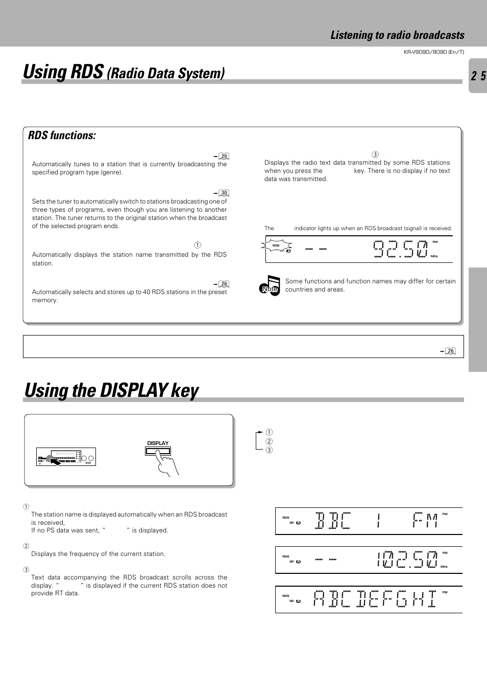 Bbc 1 fm, Abcdefg hi, Using rds | Using the display key, Radio data system), Listening to radio broadcasts, Rds functions | Kenwood KR-V9090 User Manual | Page 25 / 60