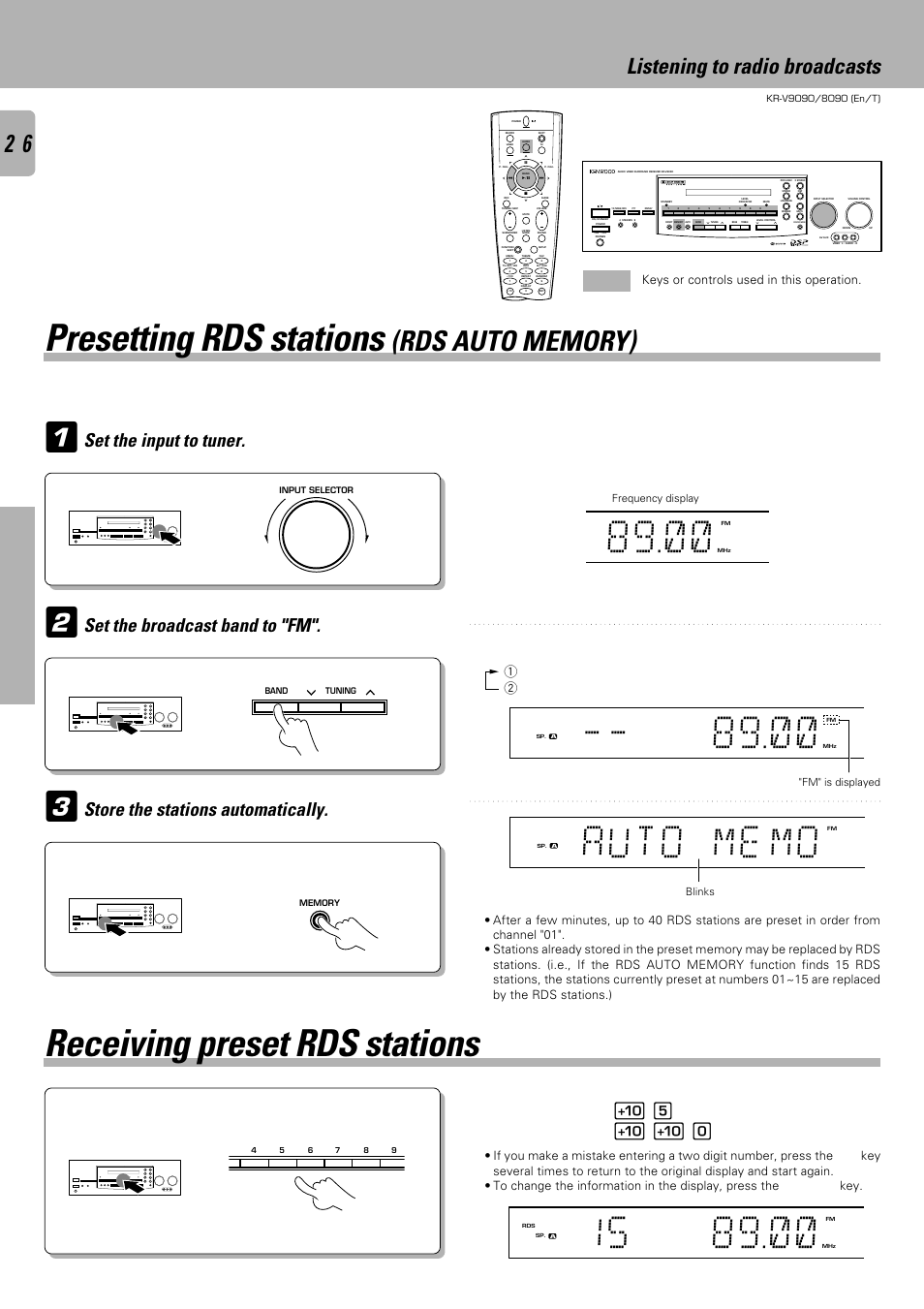 Auto me mo, Presetting rds stations, Receiving preset rds stations | Listening to radio broadcasts, Operations, Each press switches the band as follows: 1 fm 2 am, Keys or controls used in this operation | Kenwood KR-V9090 User Manual | Page 26 / 60