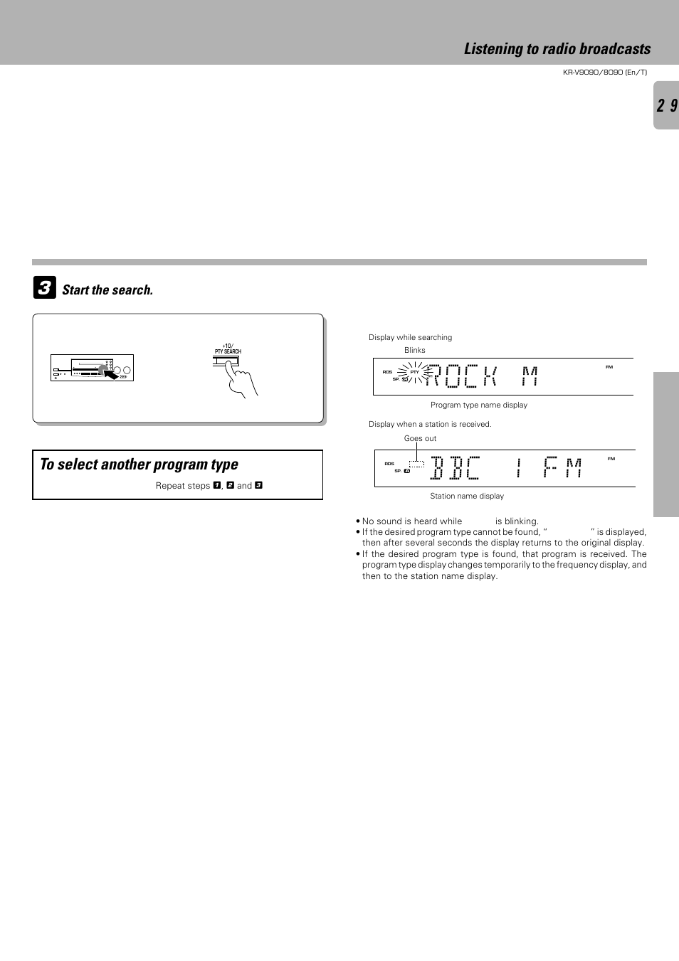 Rock m, Bbc 1 f m, Listening to radio broadcasts | Start the search | Kenwood KR-V9090 User Manual | Page 29 / 60