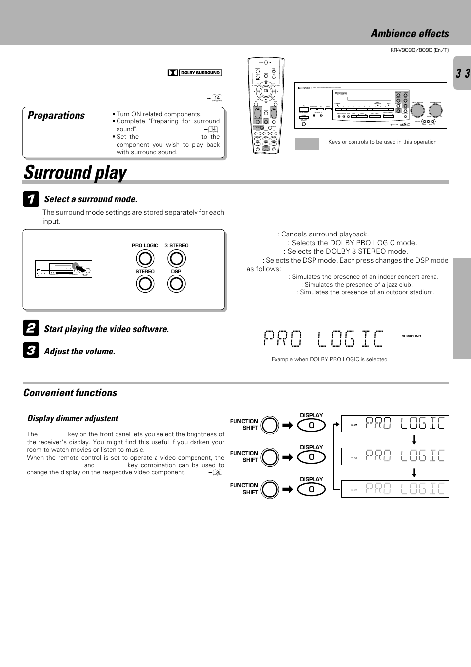 Lo r p og ic, Surround play, Pro log ic | Ambience effects, Convenient functions, Preparations, Select a surround mode, Display dimmer adjustent, Operations, Continued on next page | Kenwood KR-V9090 User Manual | Page 33 / 60