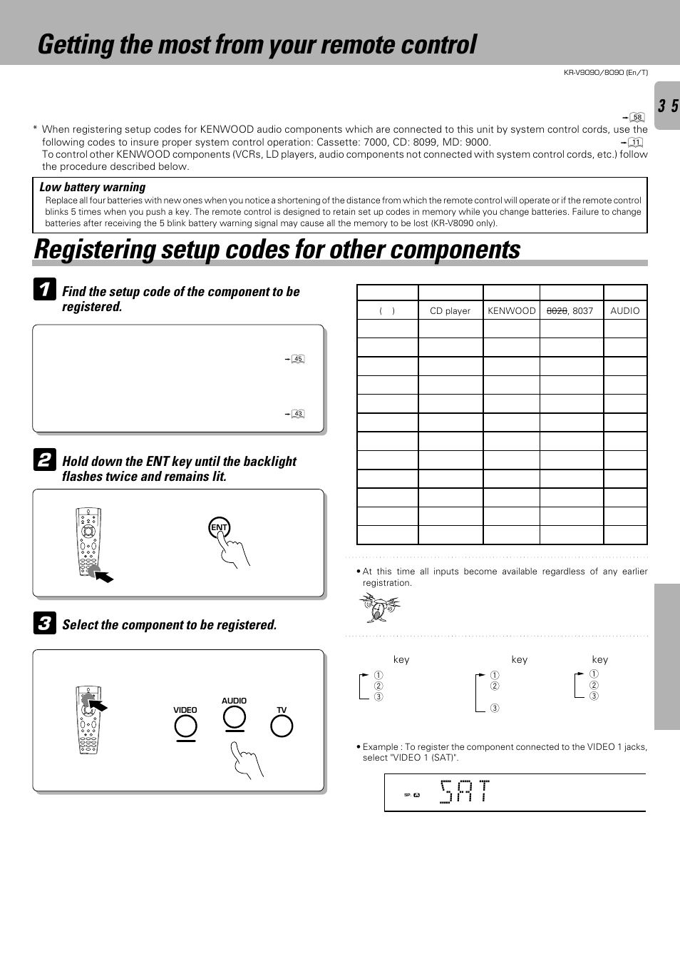 Registering setup codes for other components, Getting the most from your remote control | Kenwood KR-V9090 User Manual | Page 35 / 60