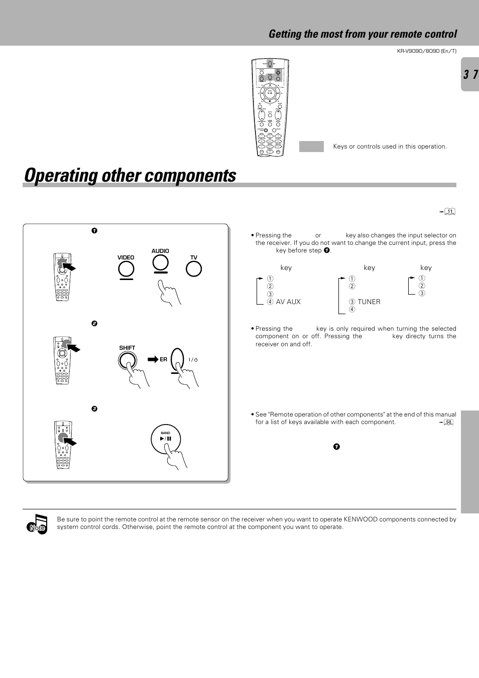Operating other components, Getting the most from your remote control, Remote control | Video key, Audio key, Tv key, 1 cd (cd) 2 tape/md (tape) 3 tuner 4 phono | Kenwood KR-V9090 User Manual | Page 37 / 60