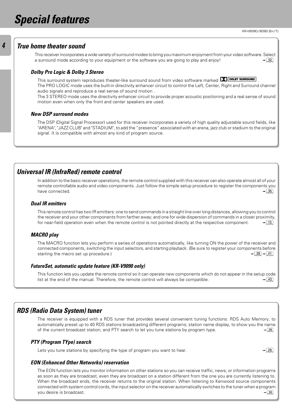 Special features, True home theater sound, Universal ir (infrared) remote control | Rds (radio data system) tuner | Kenwood KR-V9090 User Manual | Page 4 / 60