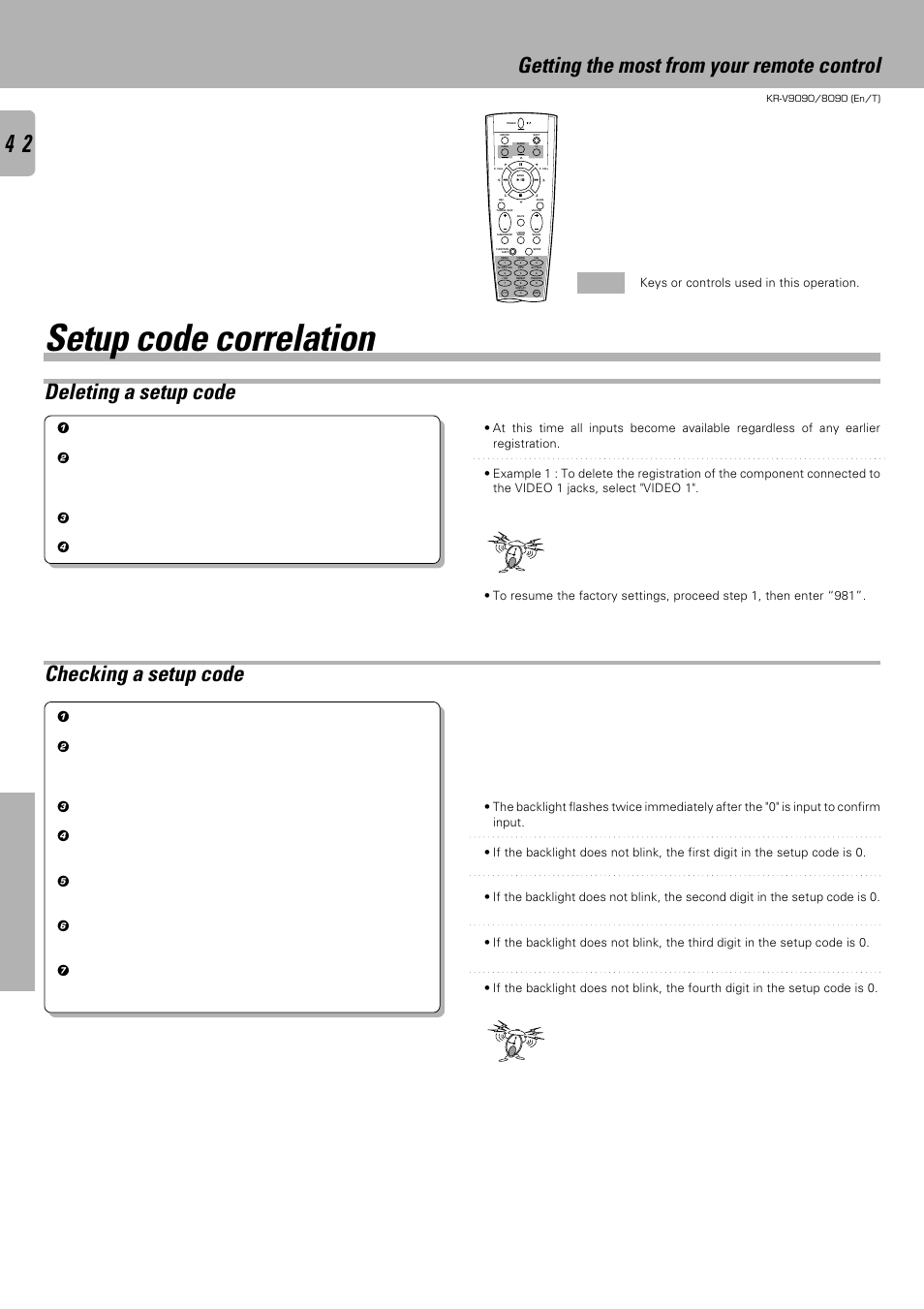 Setup code correlation, Getting the most from your remote control, Deleting a setup code | Checking a setup code, Remote control, Perform each step within 5 seconds | Kenwood KR-V9090 User Manual | Page 42 / 60