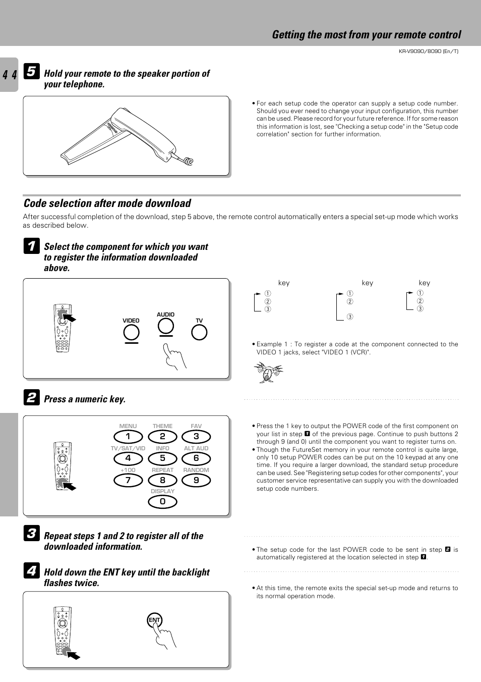 Code selection after mode download, Getting the most from your remote control | Kenwood KR-V9090 User Manual | Page 44 / 60