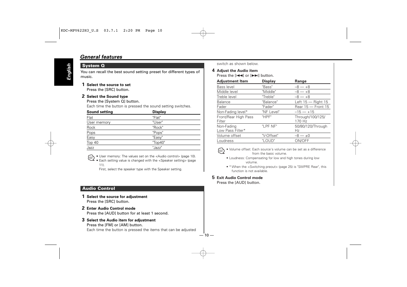 System q, Audio control | Kenwood KDC-MPV622H3 User Manual | Page 10 / 32