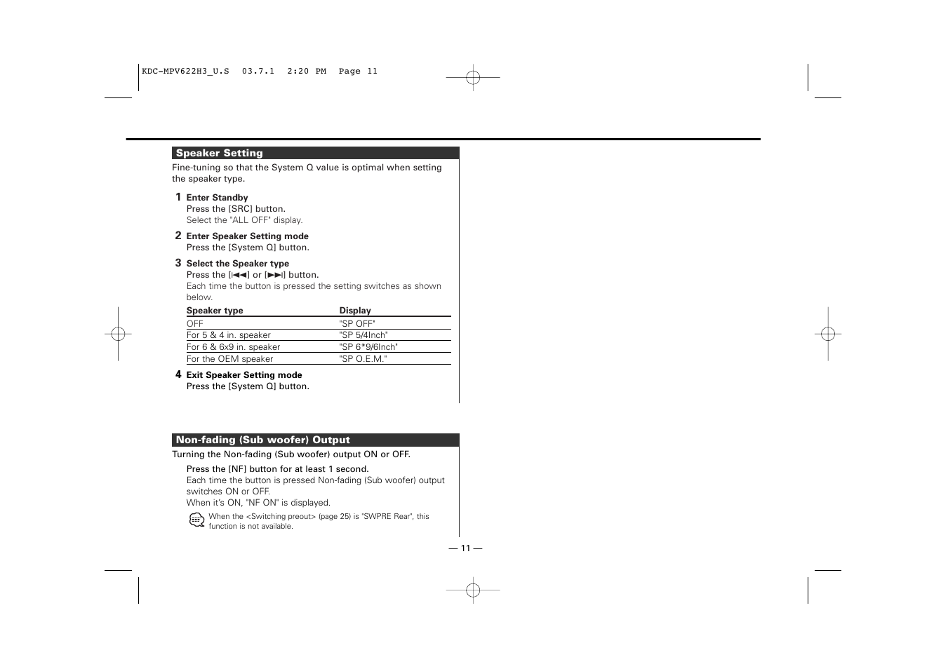 Speaker setting, Non-fading (sub woofer) output | Kenwood KDC-MPV622H3 User Manual | Page 11 / 32
