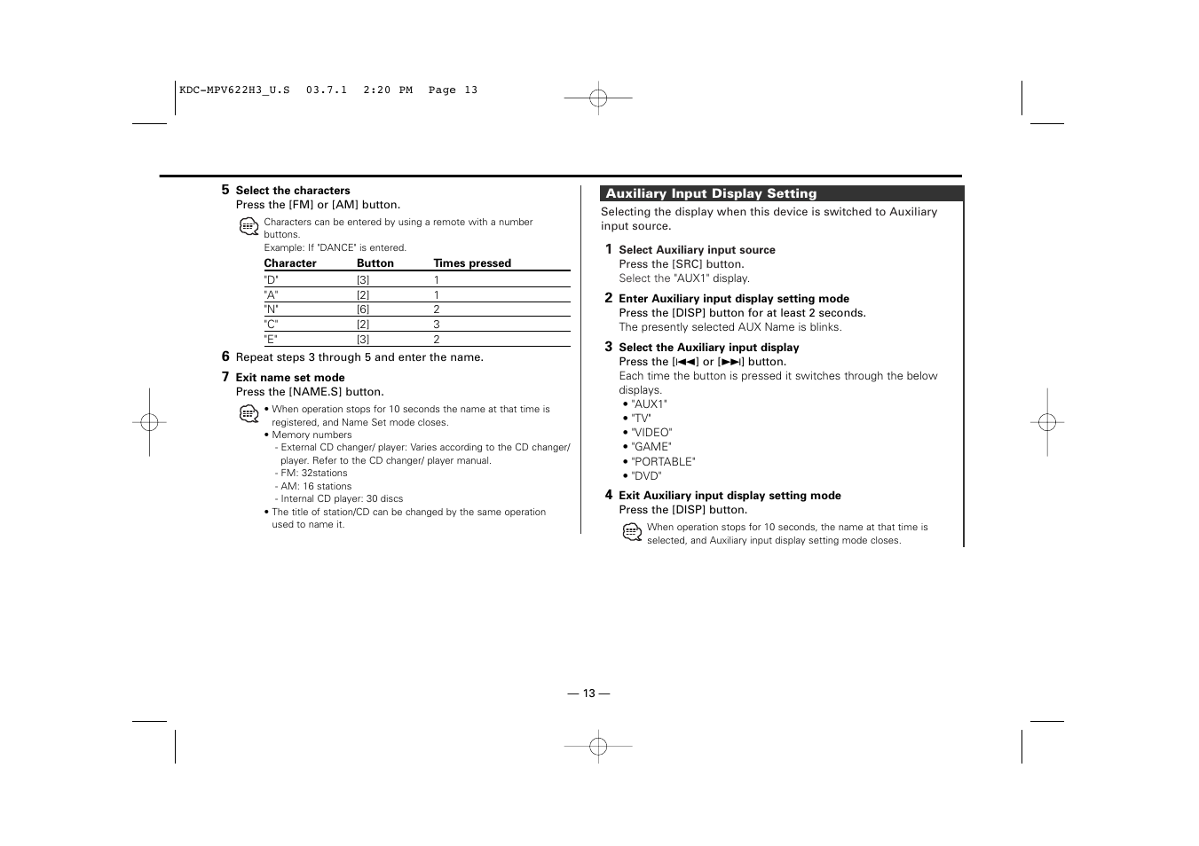 Auxiliary input display setting | Kenwood KDC-MPV622H3 User Manual | Page 13 / 32