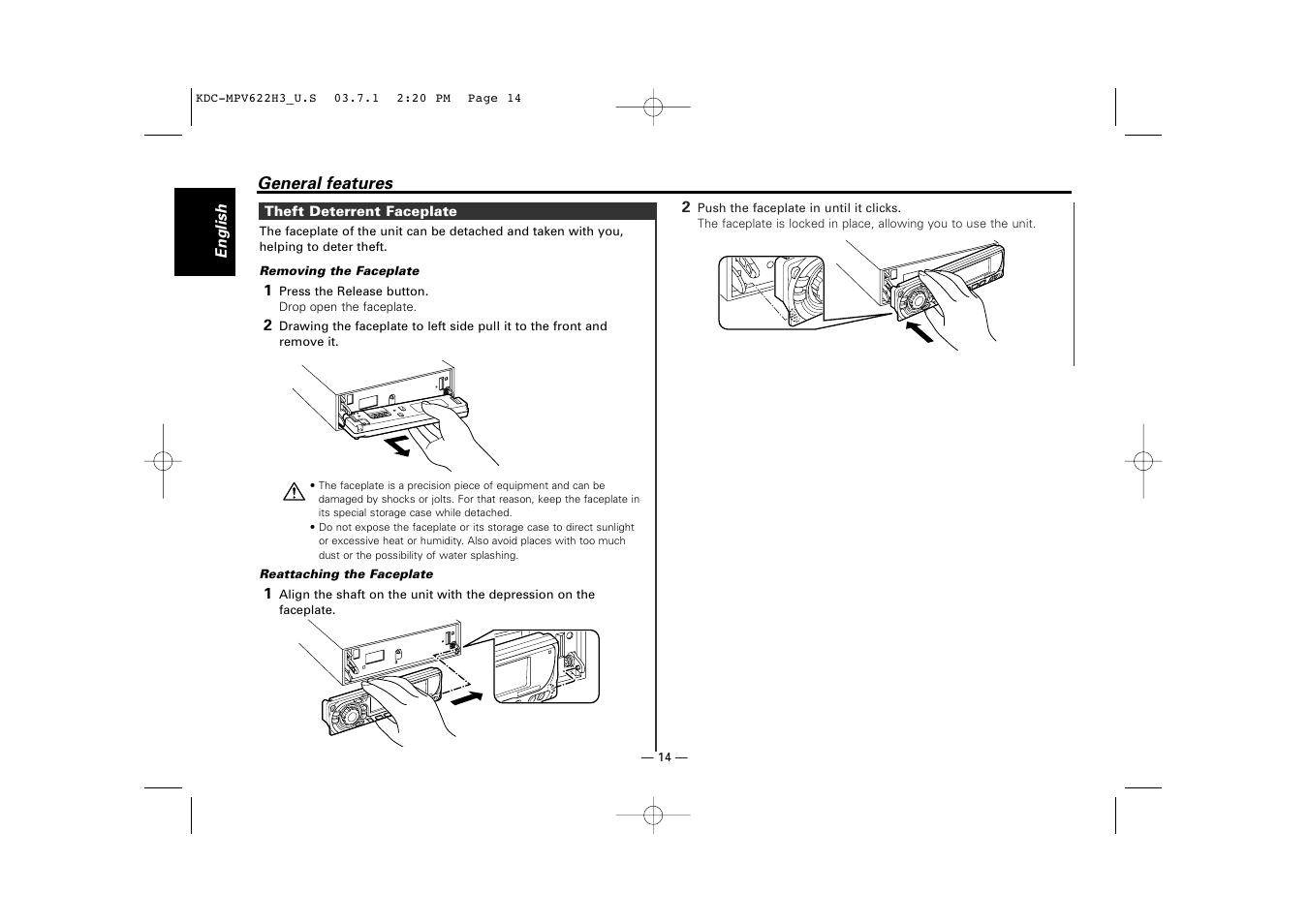 Theft deterrent faceplate | Kenwood KDC-MPV622H3 User Manual | Page 14 / 32