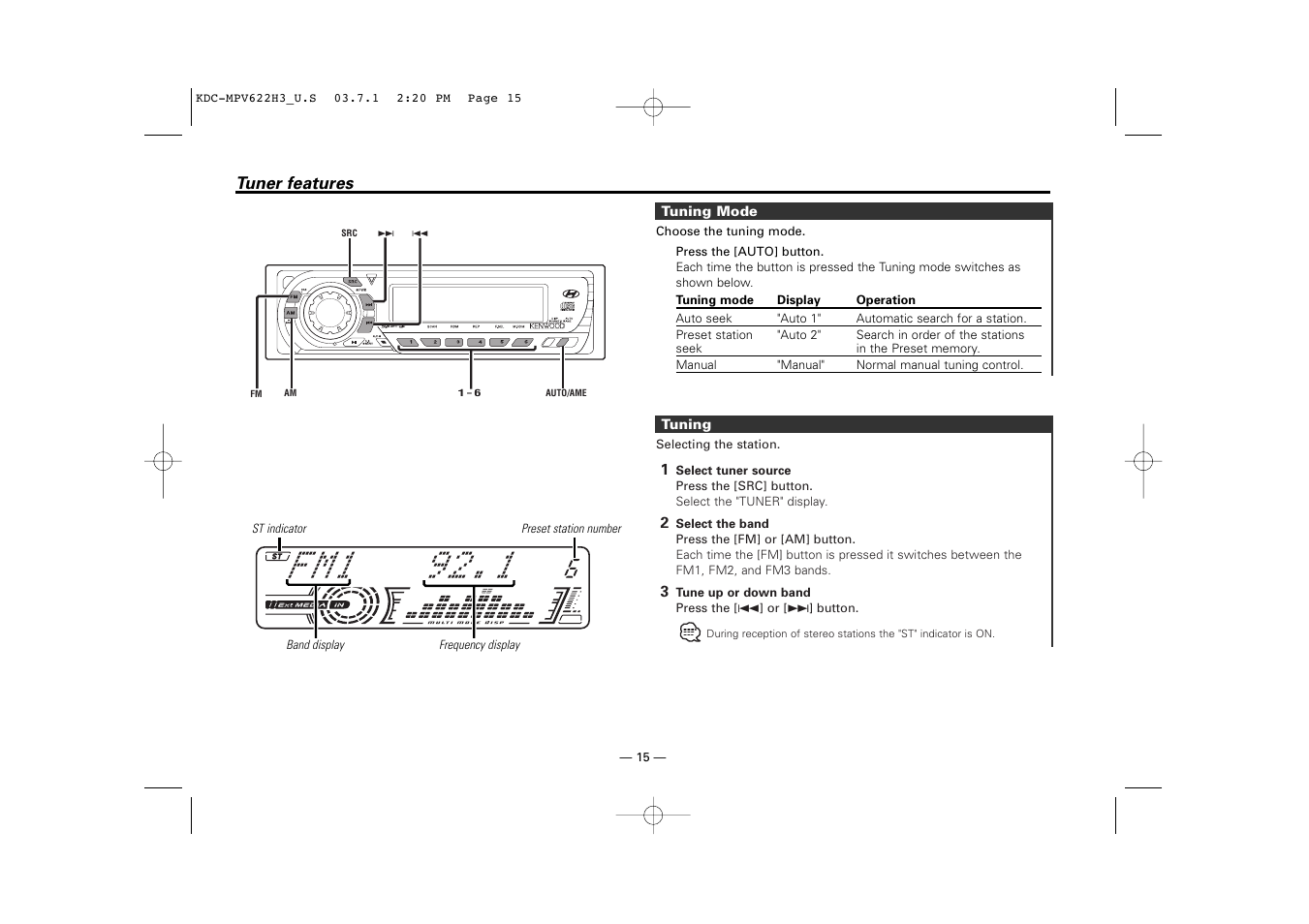 Tuner features, Tuning mode, Tuning | Kenwood KDC-MPV622H3 User Manual | Page 15 / 32