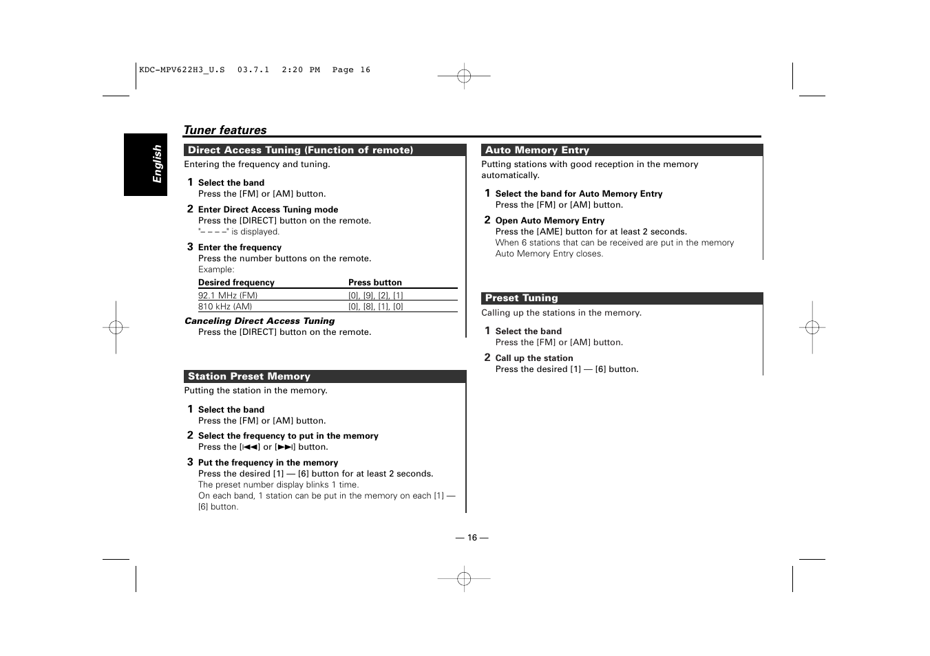 Direct access tuning, Station preset memory, Auto memory entry | Preset tuning | Kenwood KDC-MPV622H3 User Manual | Page 16 / 32