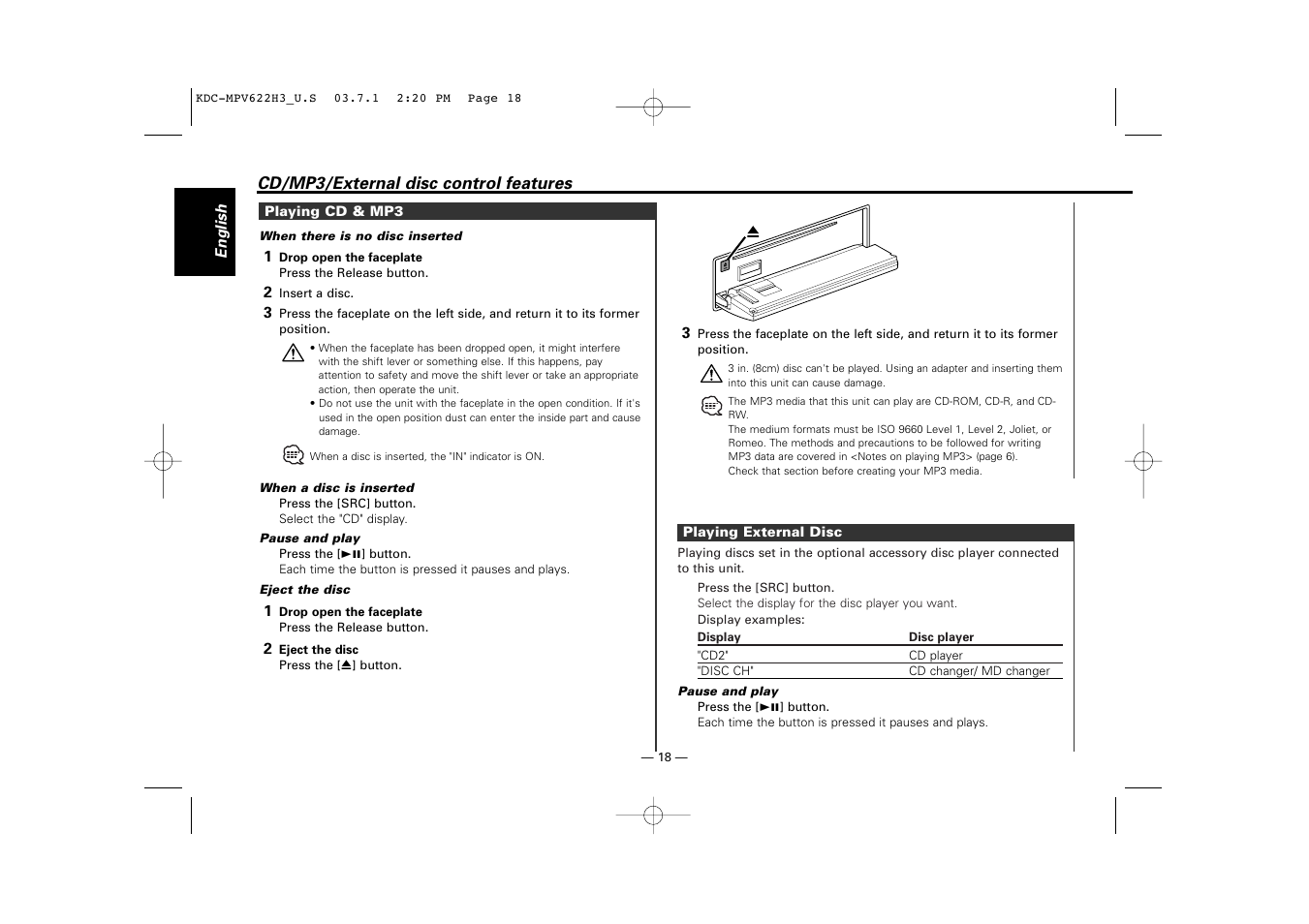 Playing cd & mp3, Playing external disc | Kenwood KDC-MPV622H3 User Manual | Page 18 / 32