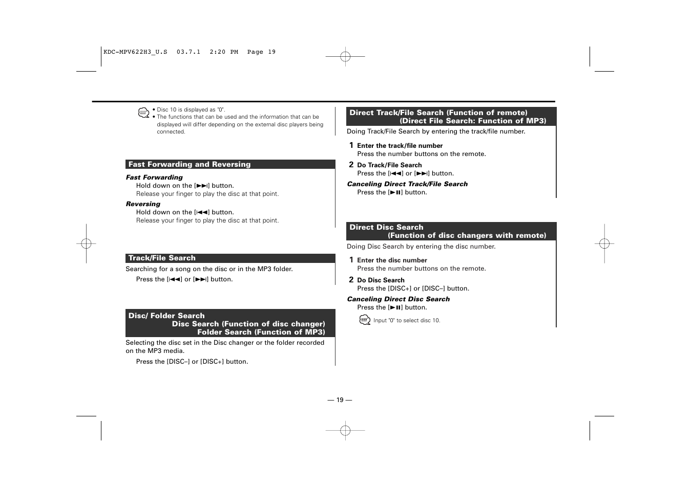 Fast forwarding and reversing, Track/file search, Disc/ folder search | Direct track/file search, Direct disc search | Kenwood KDC-MPV622H3 User Manual | Page 19 / 32