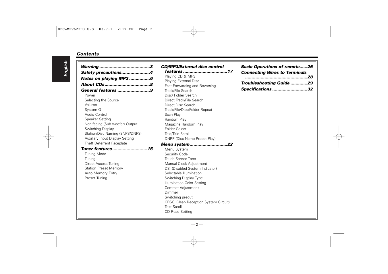 Kenwood KDC-MPV622H3 User Manual | Page 2 / 32