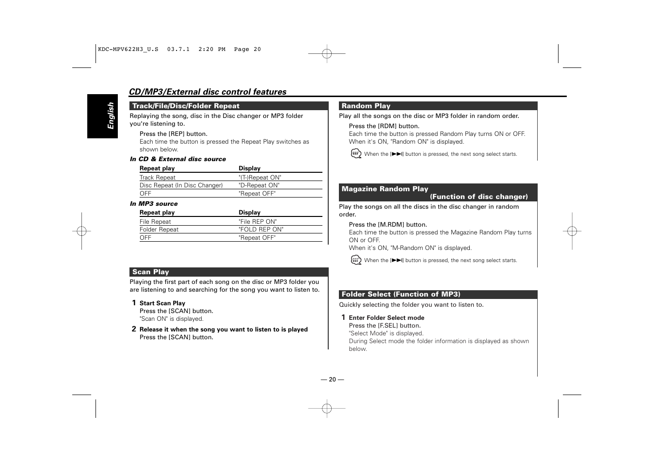 Track/file/disc/folder repeat, Scan play, Random play | Magazine random play, Folder select (function of mp3) | Kenwood KDC-MPV622H3 User Manual | Page 20 / 32