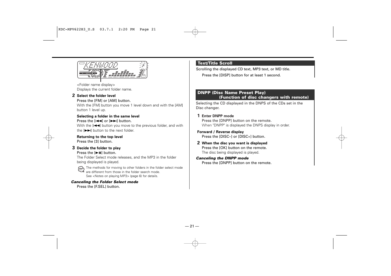 Text/title scroll, Dnpp (disc name preset play) | Kenwood KDC-MPV622H3 User Manual | Page 21 / 32