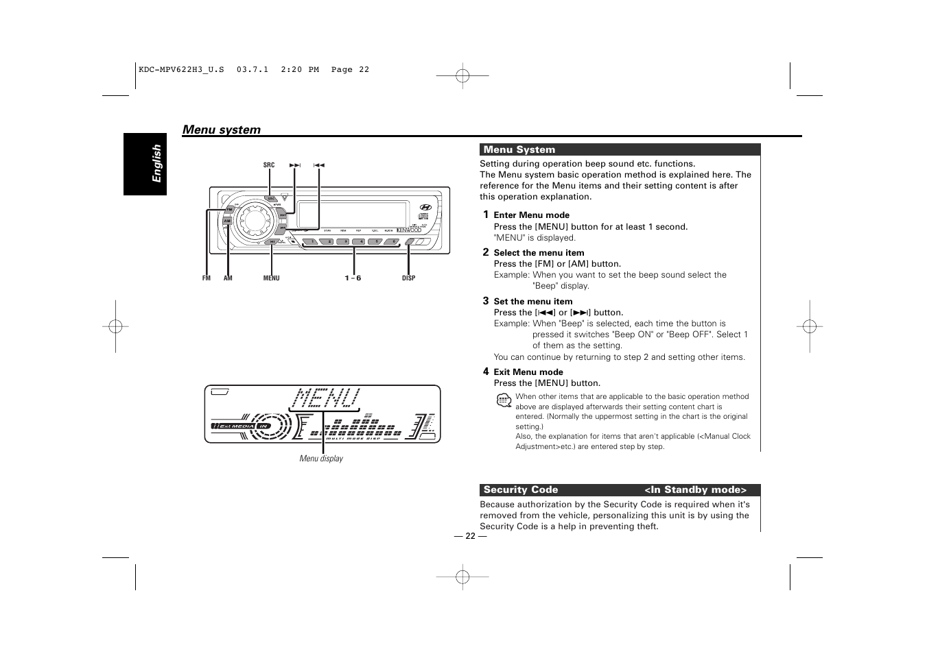 Menu system, Security code | Kenwood KDC-MPV622H3 User Manual | Page 22 / 32