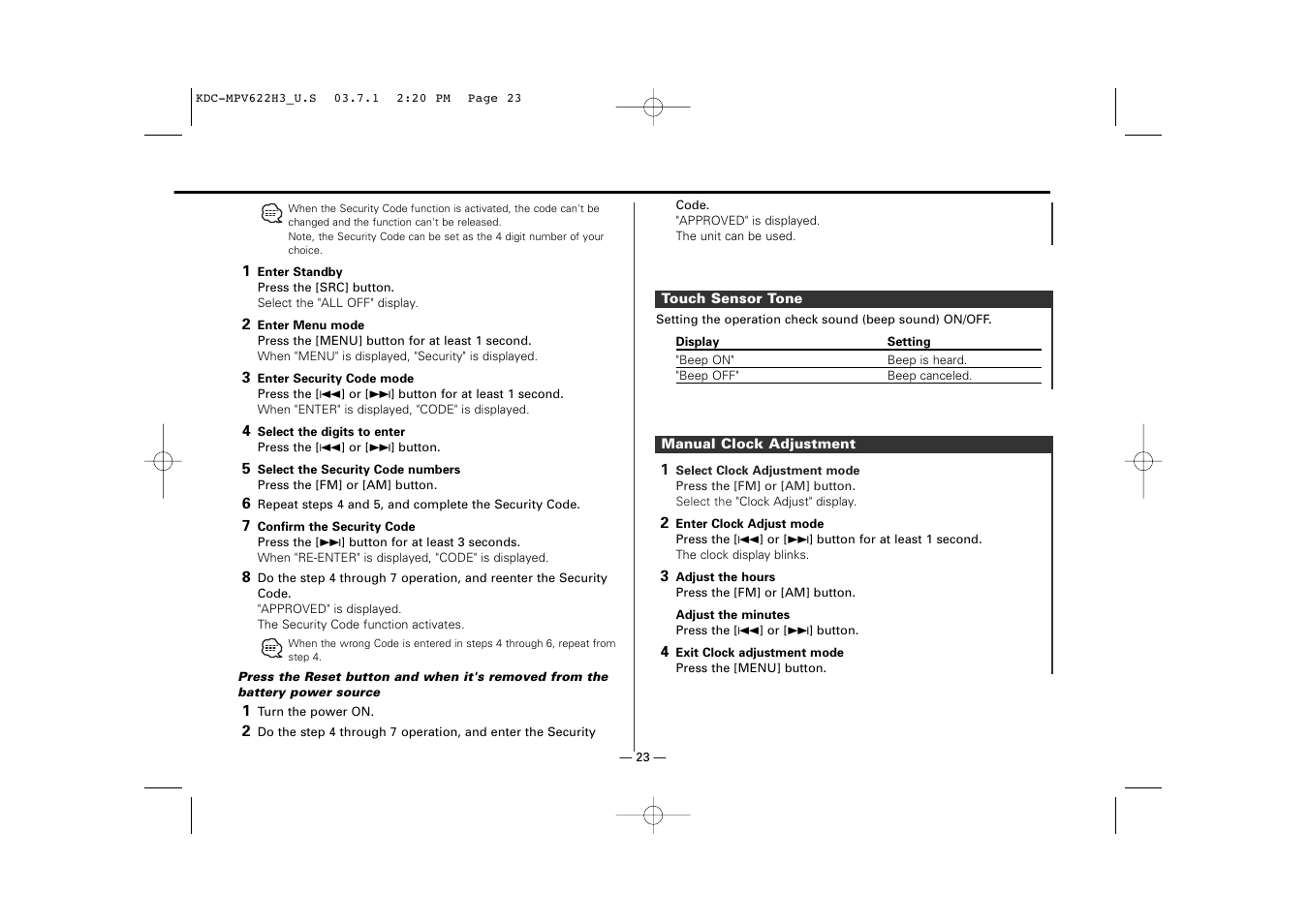 Touch sensor tone, Manual clock adjustment | Kenwood KDC-MPV622H3 User Manual | Page 23 / 32