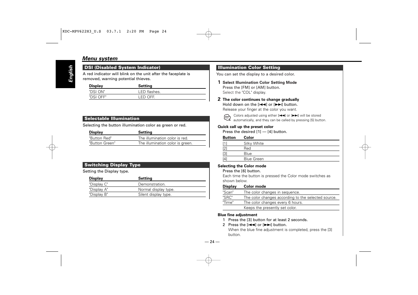 Dsi (disabled system indicator), Selectable illumination, Switching display type | Illumination color setting | Kenwood KDC-MPV622H3 User Manual | Page 24 / 32