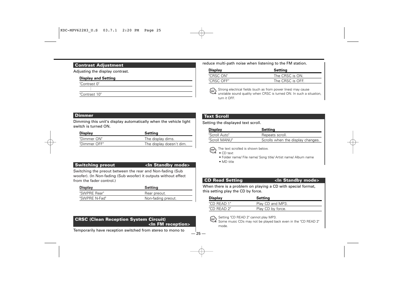 Contrast adjustment, Dimmer, Switching preout | Crsc (clean reception system circuit), Text scroll, Cd read setting | Kenwood KDC-MPV622H3 User Manual | Page 25 / 32