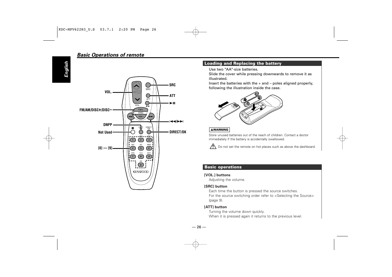 Basic operations of remote, Loading and replacing the battery, Basic operations | English | Kenwood KDC-MPV622H3 User Manual | Page 26 / 32