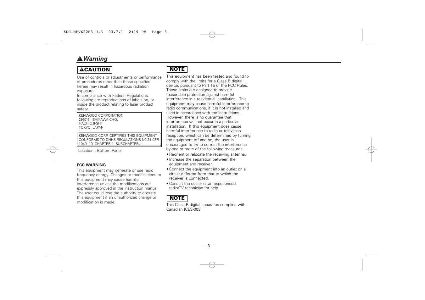 Warning, 2 warning | Kenwood KDC-MPV622H3 User Manual | Page 3 / 32