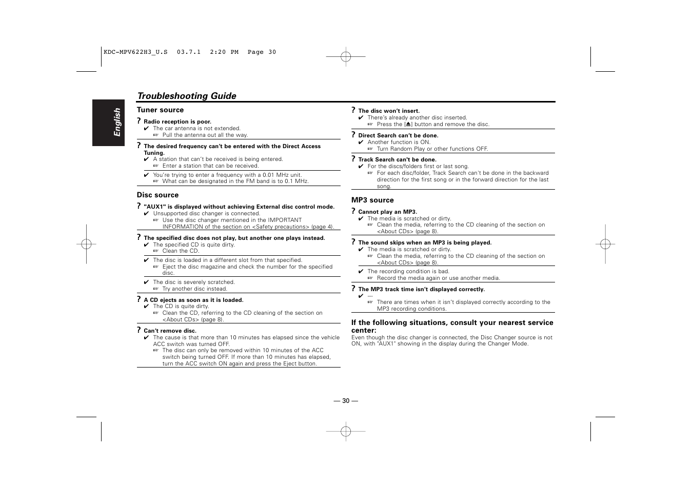 Troubleshooting guide | Kenwood KDC-MPV622H3 User Manual | Page 30 / 32