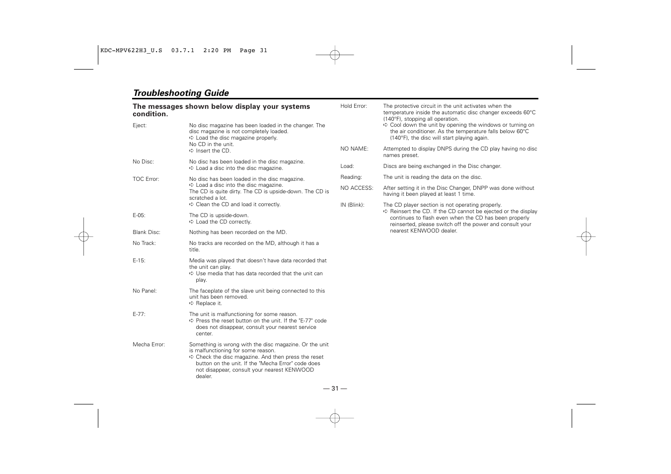 Troubleshooting guide | Kenwood KDC-MPV622H3 User Manual | Page 31 / 32