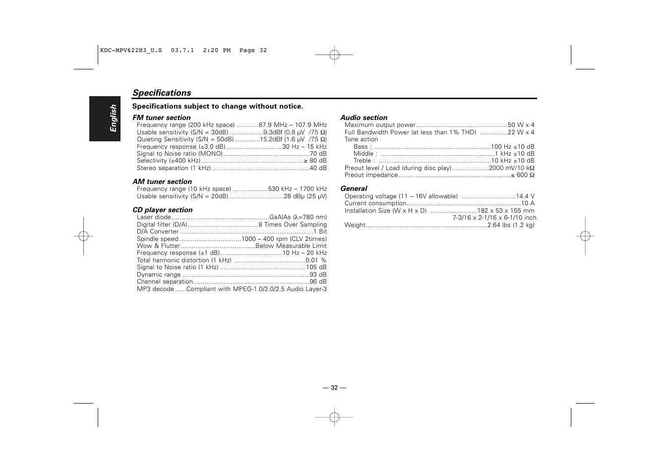 Specifications | Kenwood KDC-MPV622H3 User Manual | Page 32 / 32