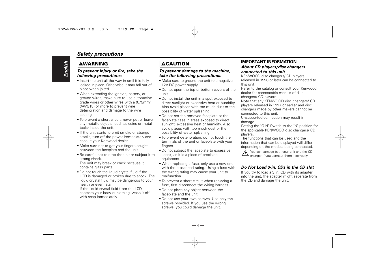 Safety precautions | Kenwood KDC-MPV622H3 User Manual | Page 4 / 32