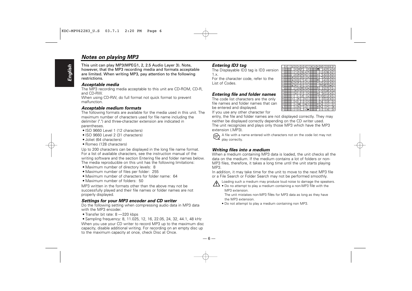 Notes on playing mp3 | Kenwood KDC-MPV622H3 User Manual | Page 6 / 32