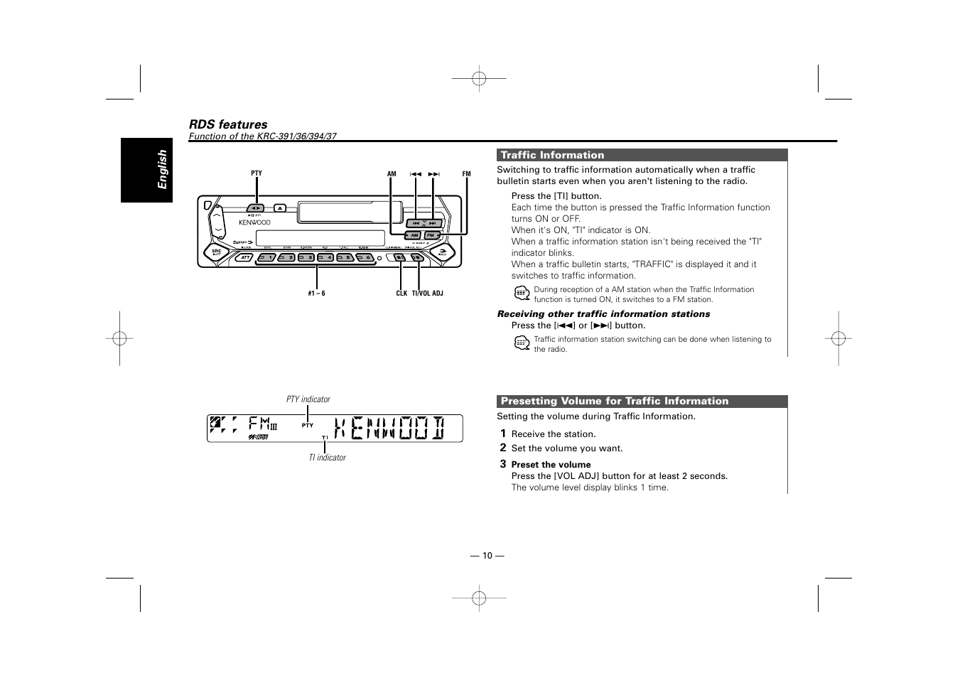 Rds features | Kenwood RECEIVER KRC-36 User Manual | Page 10 / 122