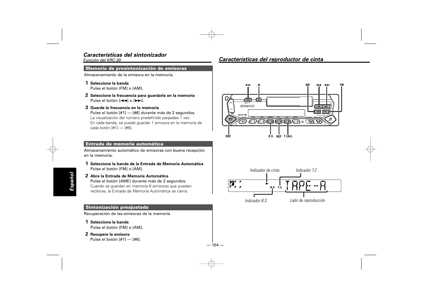 Caracteristicas del reproductor de cinta | Kenwood RECEIVER KRC-36 User Manual | Page 104 / 122