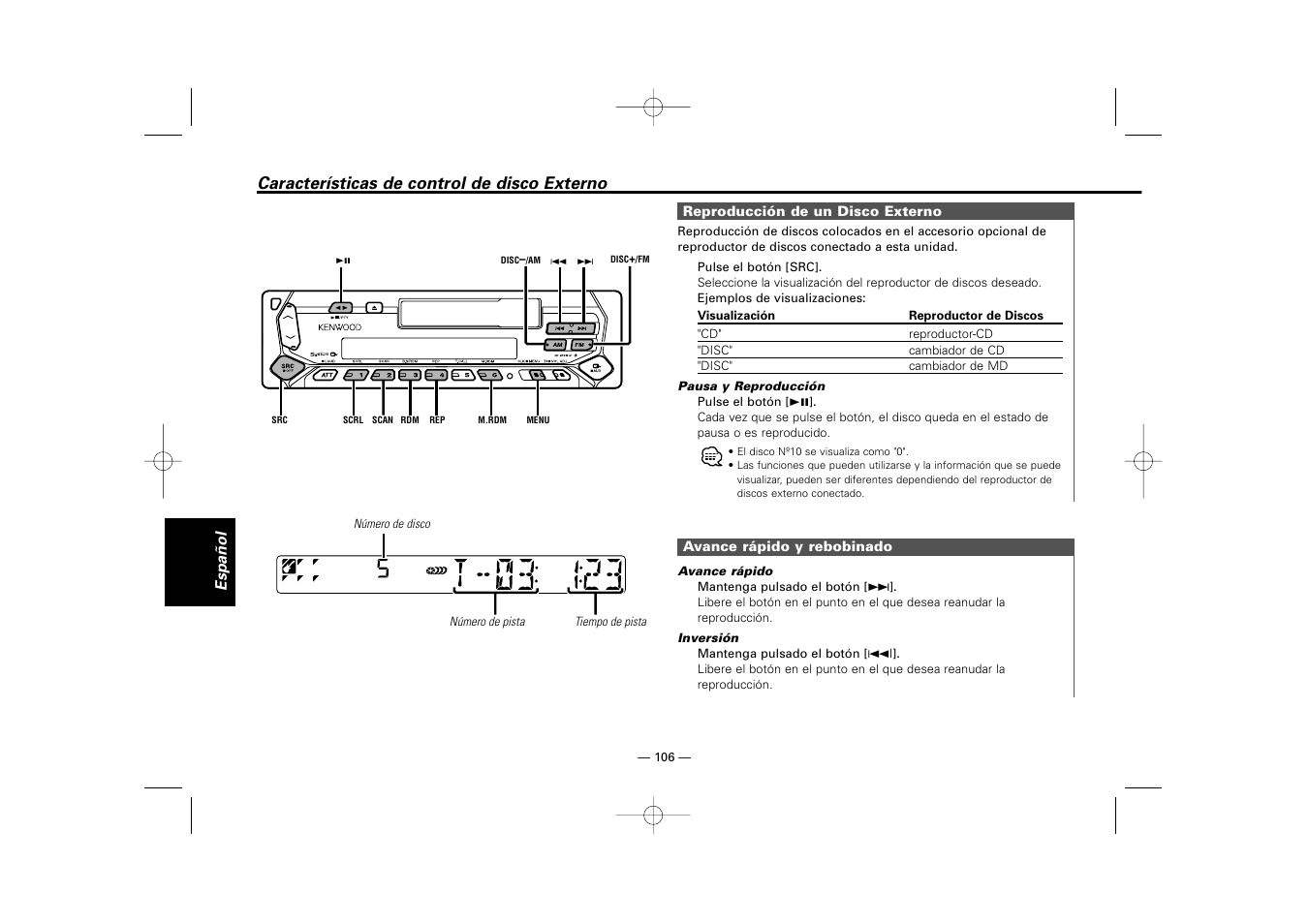 Caracteristicas de control de disco externo, Características de control de disco externo | Kenwood RECEIVER KRC-36 User Manual | Page 106 / 122