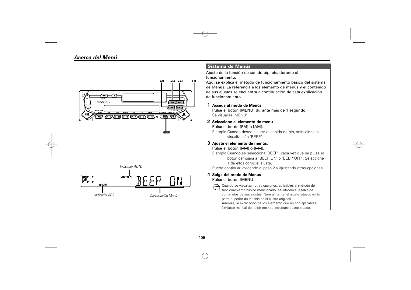 Acerca del menu | Kenwood RECEIVER KRC-36 User Manual | Page 109 / 122