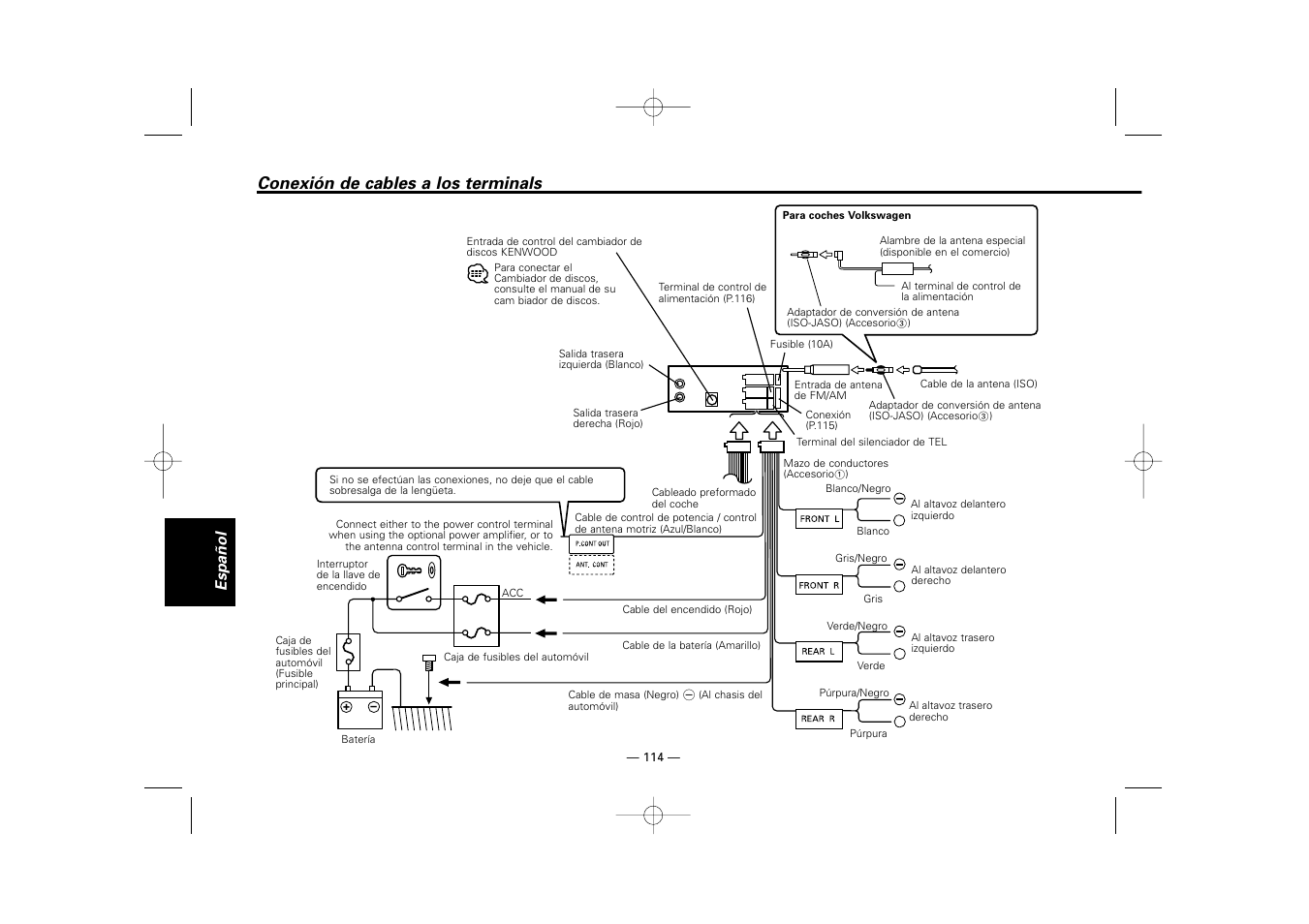 Conexion de cables a los terminals, Conexión de cables a los terminals, Español | Kenwood RECEIVER KRC-36 User Manual | Page 114 / 122