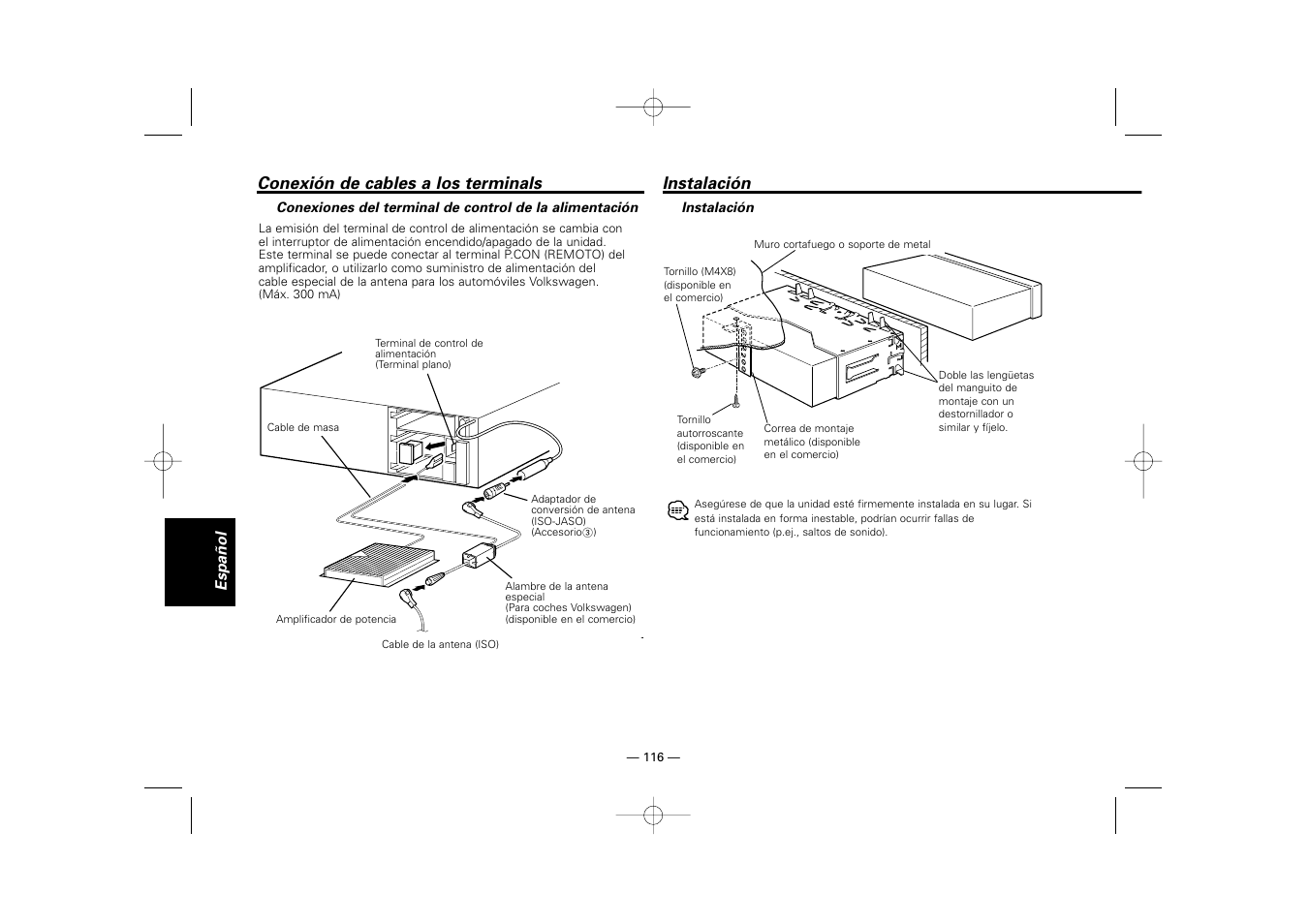 Instalacion, Conexión de cables a los terminals, Instalación | Kenwood RECEIVER KRC-36 User Manual | Page 116 / 122