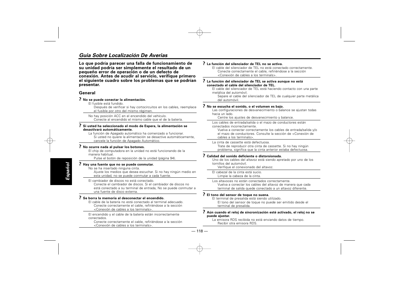Guia sobre localizacion de averias, Guia sobre localización de averias | Kenwood RECEIVER KRC-36 User Manual | Page 118 / 122