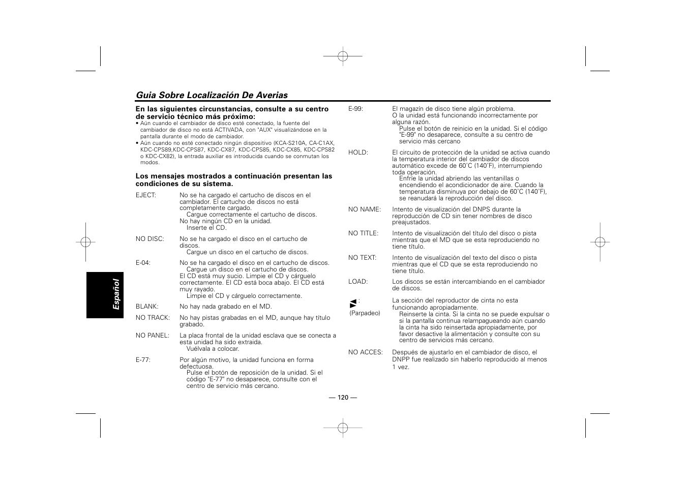 Guia sobre localización de averias | Kenwood RECEIVER KRC-36 User Manual | Page 120 / 122