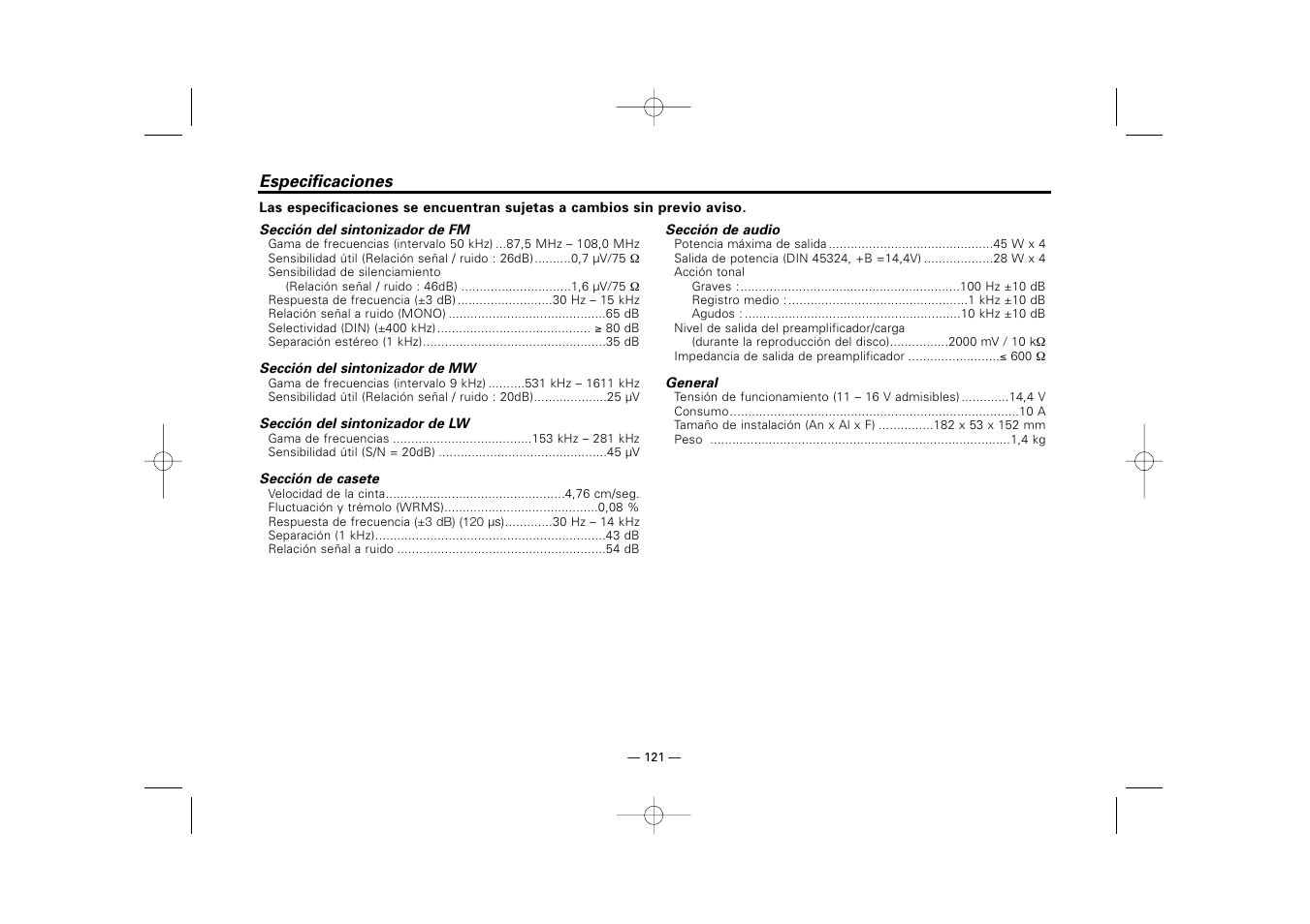 Especificaciones | Kenwood RECEIVER KRC-36 User Manual | Page 121 / 122