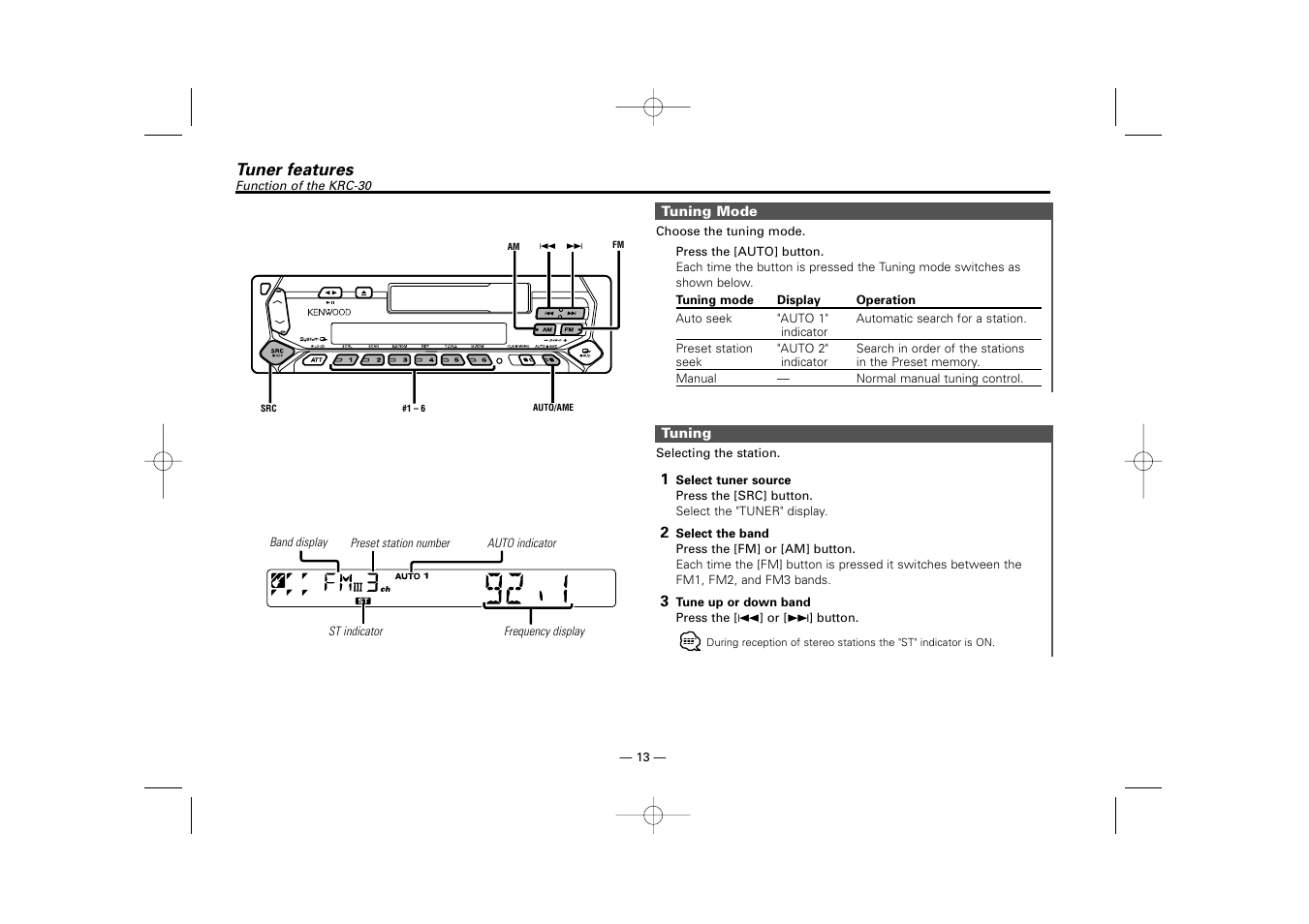 Tuner features(krc-30) | Kenwood RECEIVER KRC-36 User Manual | Page 13 / 122